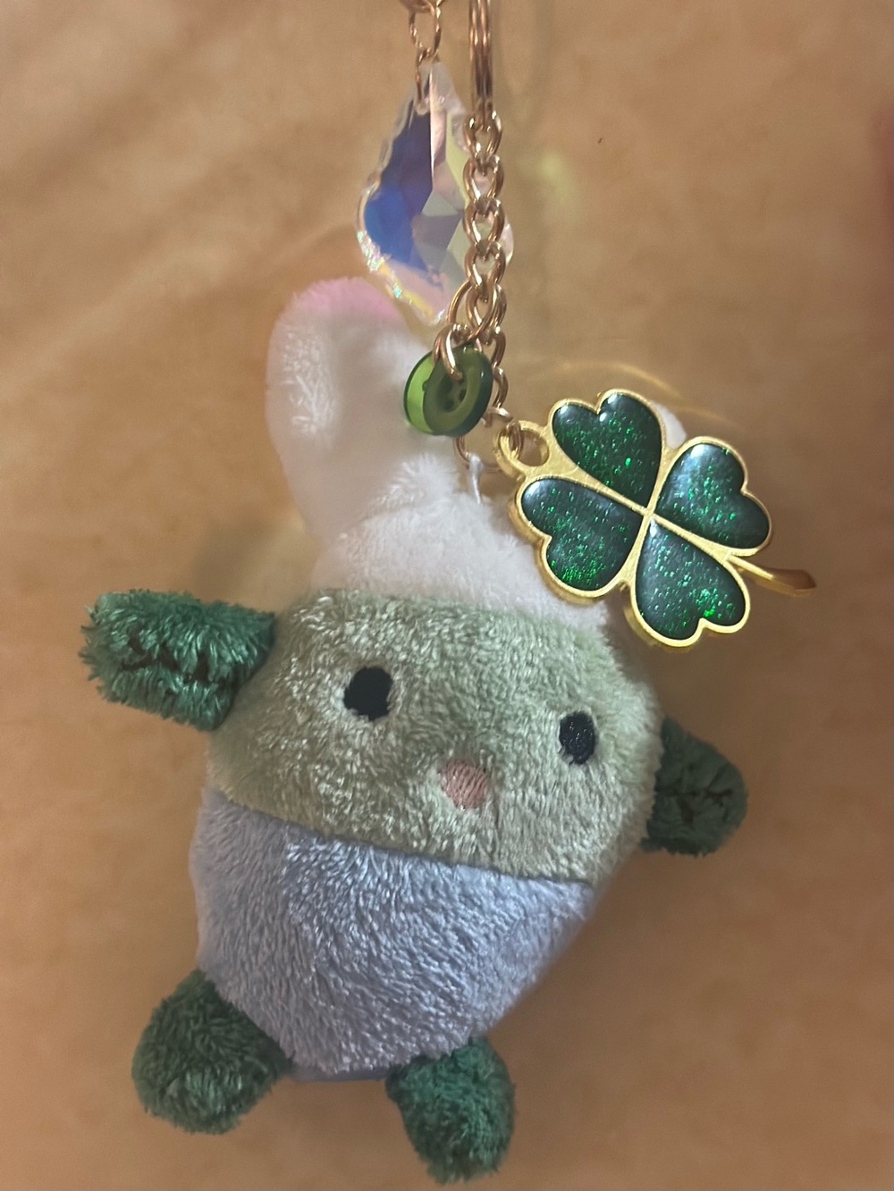 Lucky Bunny Plush Clover, Glass Crystal and Button Green Stuffy Keychain